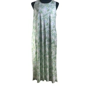 Tahari Women's Large Sleeveless Maxi Dress‎ Green Leaf Print Pockets